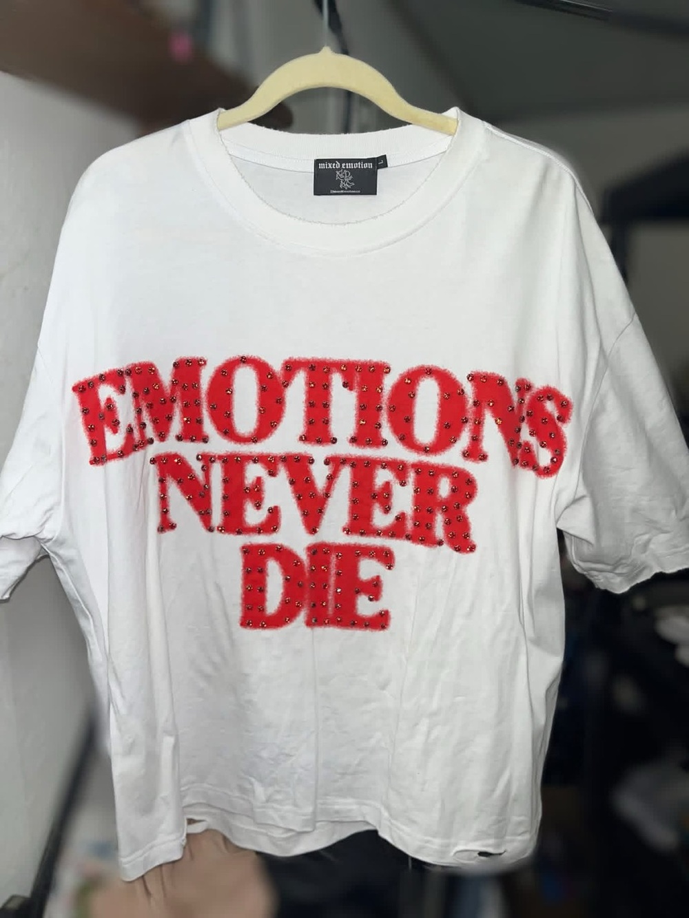 White Short-Sleeve Tee with Red Studded 'EMOTIONS NEVER DIE' Graphic